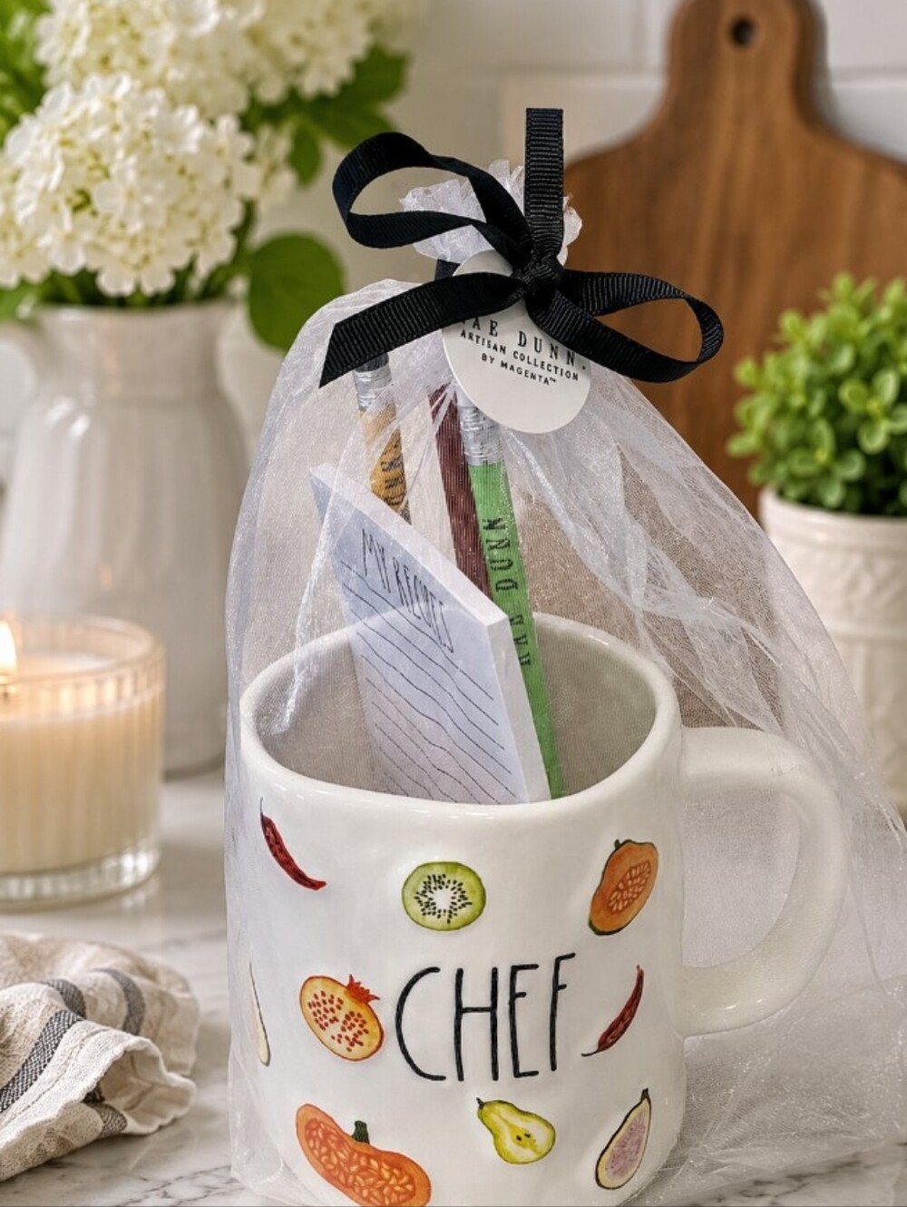 Rae Dunn White Ceramic Chef Mug with Colorful Fruit Accents